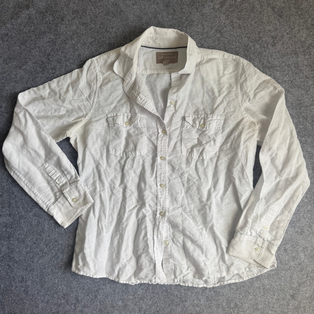Banana Republic Soft Wash Shirt L White Linen Cotton Blend Button Down Women